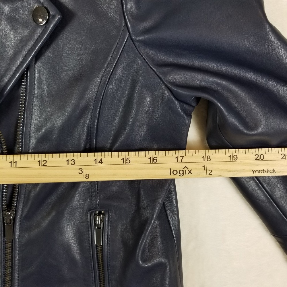 Badgley Mischka Leather‎ Moto Jacket Womens M Navy Blue Asymmetrical Zip Biker - Picture 8 of 11